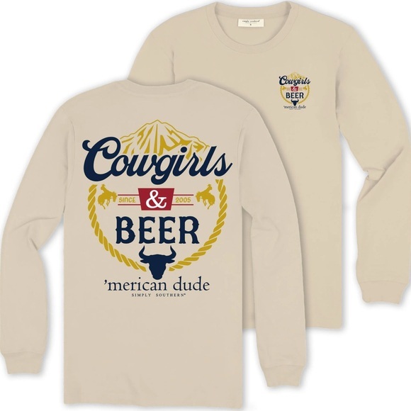 Simply Southern Other - Simply Southern Men’s Long Sleeve T-shirt  Med Tan Cowgirls & Beer Merican Dude